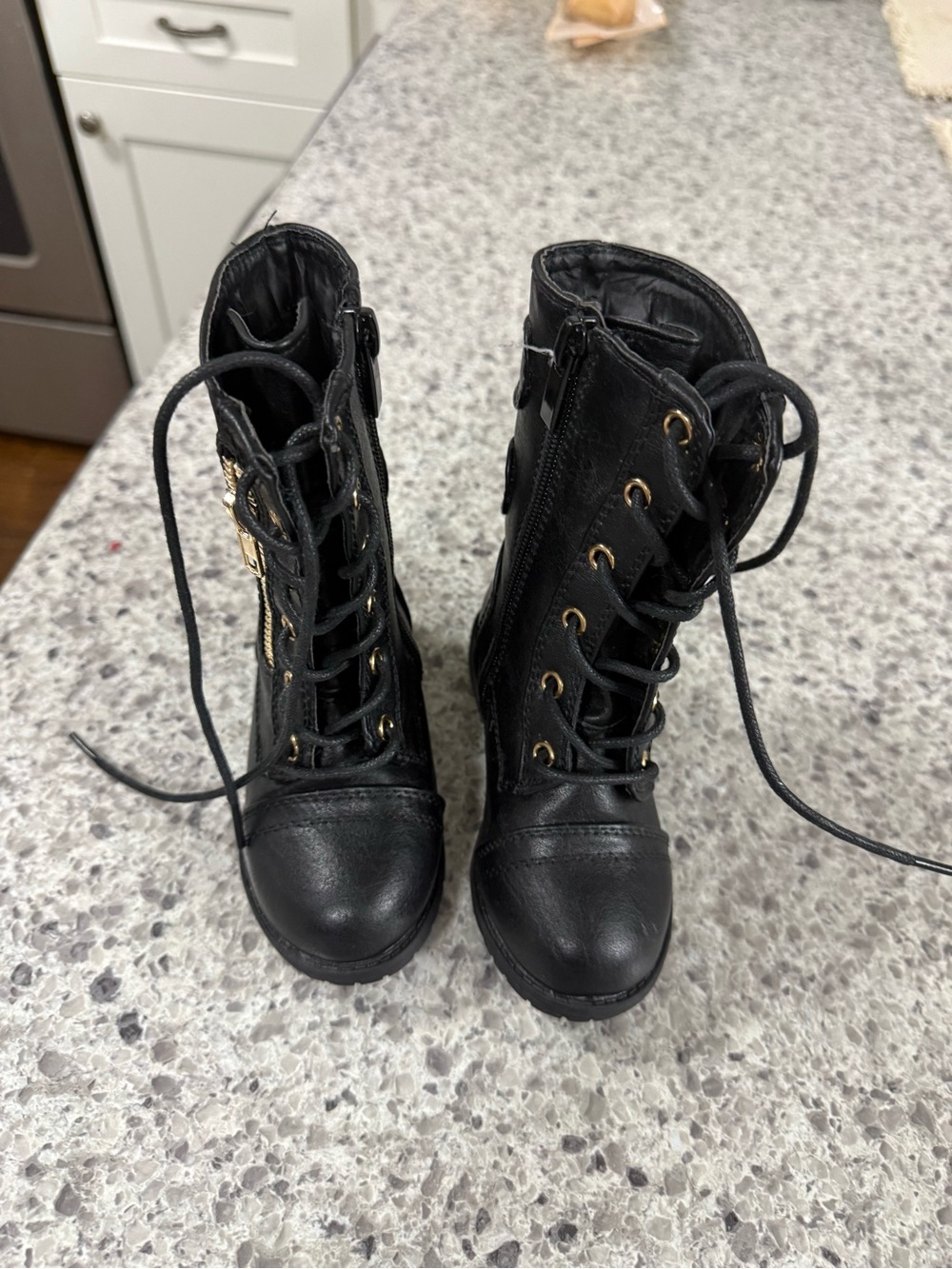 Link Black Lace-Up Side-Zip Kids Combat Boots with Gold Hardware